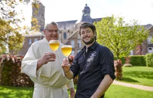 Abbey brewer Fr. Karel Stautemas and master brewer Marc-Antoine Sochon toast the opening of Grimbergen Abbey Brewery in Belgium. PRNewsfoto/Grimbergen.
